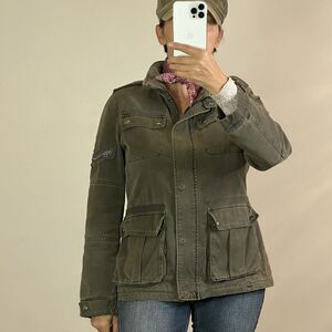 G.H. Bass Woman’s Sz S Military Jacket Olive Trucker Hood Bid Embroidery Folds